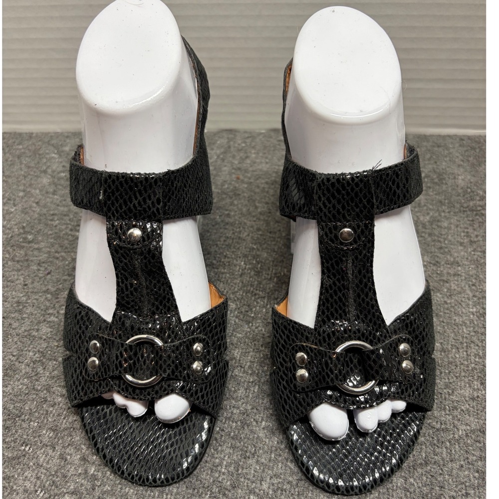 Mark Lemp Classics Black Snakeskin Embossed T-Strap Block Heel Sandals 8M H42249